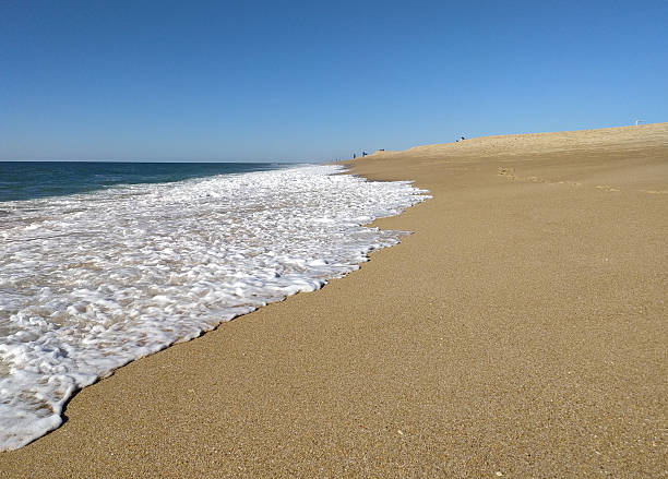 Serene beach scene with gentle waves lapping the sandy shore under a clear blue sky. Evokes peace, relaxation, and coastal beauty. Perfect for travel, lifestyle, or nature themes.