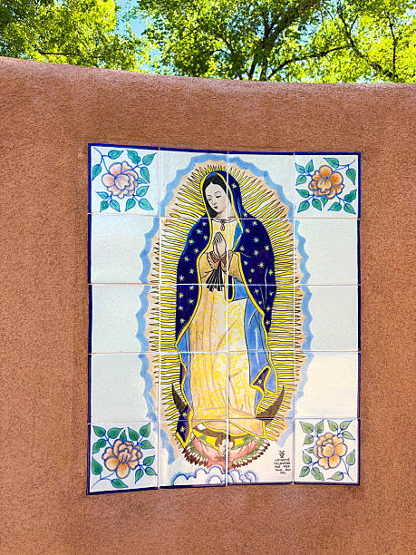 Santa Fe Style: Ceramic Tile Virgin of Guadalupe, Adobe Wall
