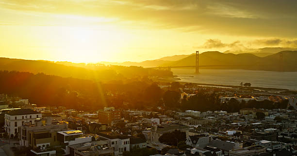 Aerial view across San Francisco, California from Pacific Heights and over the Presidio towards the Golden Gate Bridge with the Marin Headlands in the background.