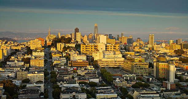 Drone shot of San Francisco, CA, looking east with the Pacific Heights neighborhood in the foreground, Nob Hill in the middle distance, and the skyline of the Financial District in the background bathed in sunset light.