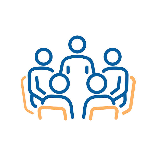 ilustrações de stock, clip art, desenhos animados e ícones de support group icon. vector thin line illustration with editable stroke representing group therapy, community discussion, emotional support and peer connection. 5 people sitting together. group therapy - terapia de grupo