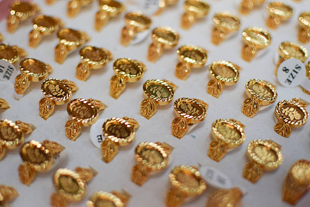 Bracelets on a show window jewelry store, gold jewelry in grand bazaar, turkish gold shop
