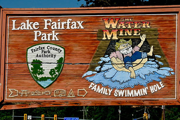 Reston, Virginia, USA - May 17, 2025: Sign at the entrance to Lake Fairfax Park, a popular recreation destination in Fairfax County.
