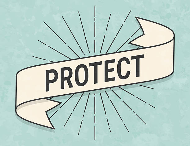 Protect. Banner, ribbon, label in a trendy vintage style. Beautiful retro ribbon with old textured paper and sunbursts in the background. Colors used: green, blue, beige and black. The banner is beige with a black outline, the sunbursts and the text are black. The background is green-blue. Vector Illustration (EPS file, well layered and grouped). Easy to edit, manipulate, resize or colorize. Vector and Jpeg file of different sizes.