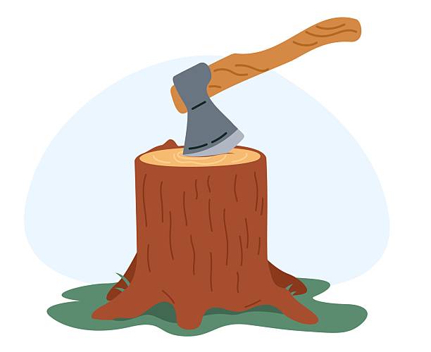 Lumberjacks axe sticking out of wooden stump. Carpentry tool. Woodworking equipment. Wood timber chopping. Tree cutting with ax. Plank woodcutter. Forestry instrument. Vector concept Lumberjacks axe sticking out of wooden stump. Carpentry tool. Woodworking equipment. Wood timber chopping. Tree cutting with ax. Plank woodcutter. Forestry instrument. Logger working. Vector concept axe stump stock illustrations