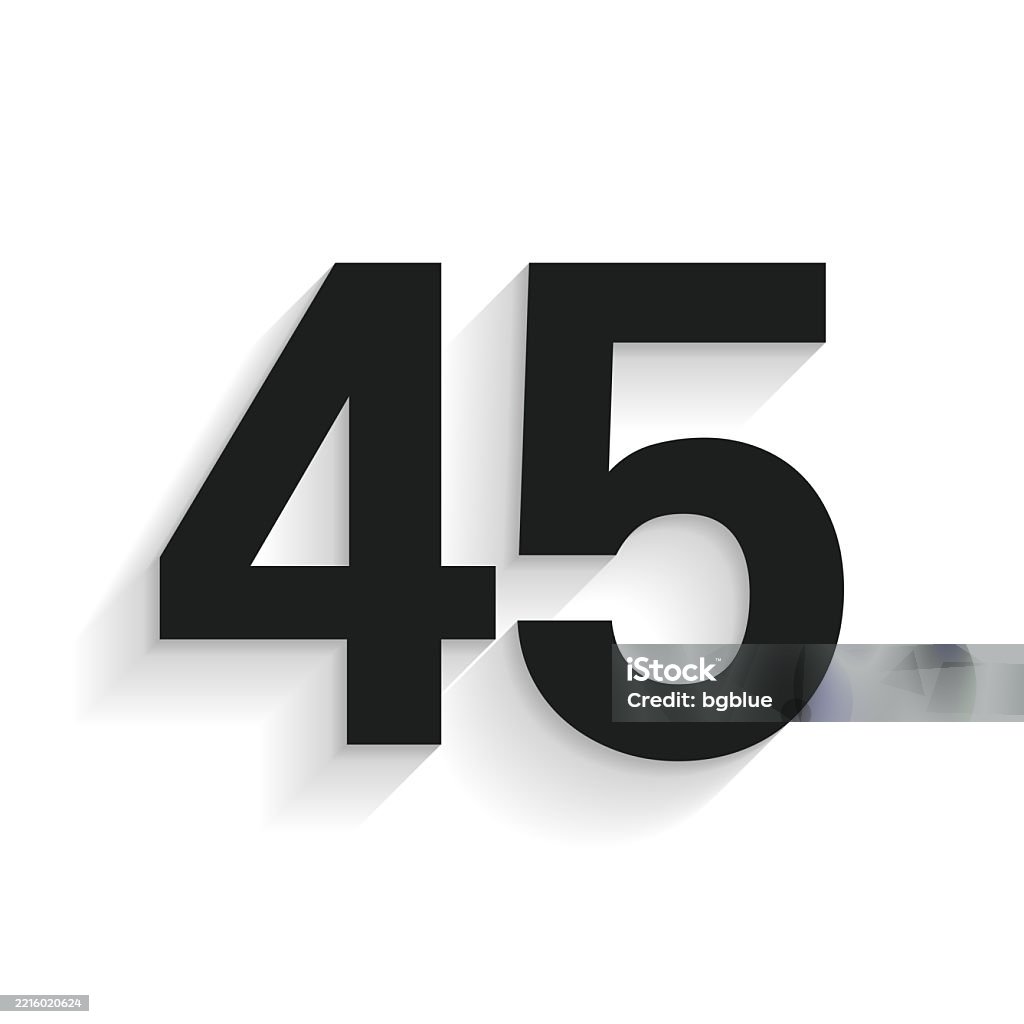 45 - Number Forty-five. Icon with long shadow on white background Black icon of "45 - Number Forty-five" isolated on a blank background with a long shadow effect and in a flat design style. Vector Illustration (EPS file, well layered and grouped). Easy to edit, manipulate, resize or colorize. Vector and Jpeg file of different sizes. Anniversary stock vector 45 - Number Forty-five. Icon with long shadow on white background Black icon of "45 - Number Forty-five" isolated on a blank background with a long shadow effect and in a flat design style. Vector Illustration (EPS file, well layered and grouped). Easy to edit, manipulate, resize or colorize. Vector and Jpeg file of different sizes. Anniversary stock vector