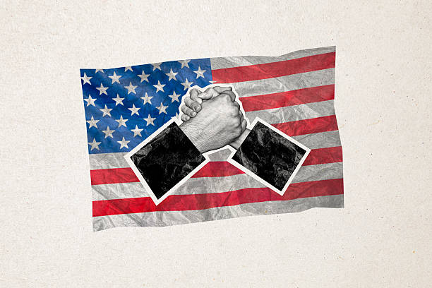 istock Creative artwork abstract collage of two people support gesture unite on independence day on pastel color background 2216021143