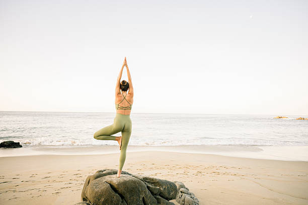 istock Young woman practicing yoga tree pose on the beach at sunset 2216023909