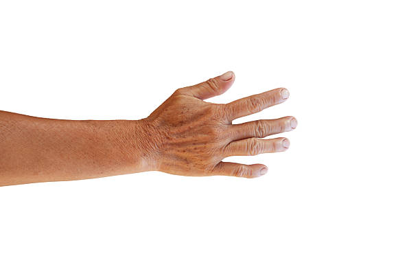 istock Elderly woman's hand showing her hand up making gestures such as excellent, grab, fight, shake hands on white background. 2216025501