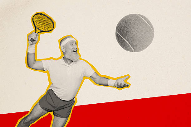 istock Composite trend artwork 3D photo collage of sport effort exercise dynamic silhouette aged senior play game tennis court racket throw ball 2216029320
