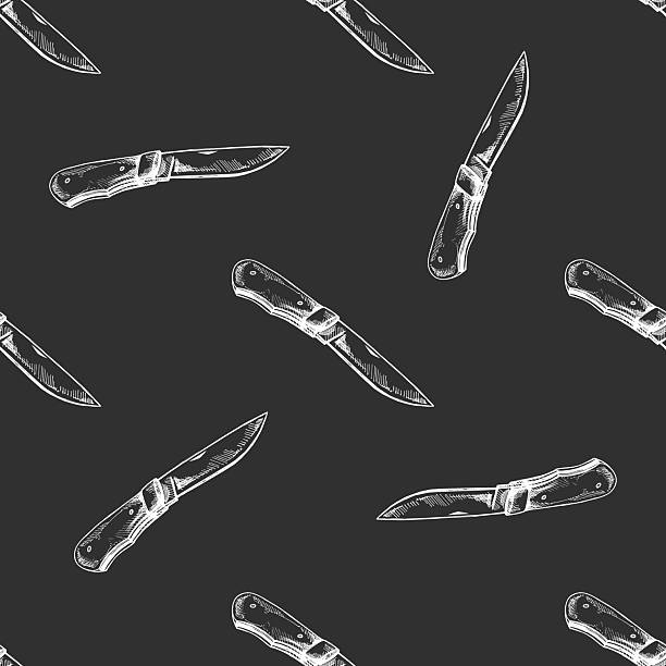 Seamless vector pattern featuring hand drawn folding knives in retro engraving style. White ink sketch elements on dark chalkboard background. Ideal for outdoor gear packaging, camping apparel, survival-themed branding and masculine patterns.
