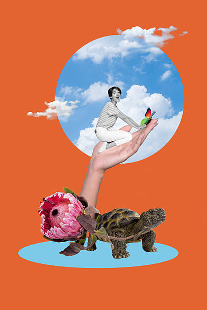istock Trend artwork photo collage of planet earth ecological system environment pollution lady sit on hand butterfly turtle wild nature animal 2216044471