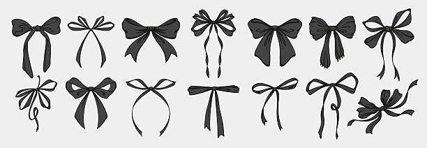 Black Vintage coquette ribbon bows set. Whimsical Hand Drawn Rococo Style Illustration. Playful, feminine, coquette design in charming girly style. Retro aesthetics Black Vintage coquette ribbon bows set. Whimsical Hand Drawn Rococo Style Illustration. Playful, feminine, coquette design in charming girly style. Retro aesthetics hair bow stock illustrations