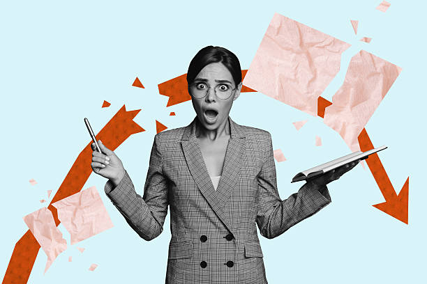 istock Creative picture collage young speechless lady business failure economy fall loss collapse textbox break copybook pen project 2216046502