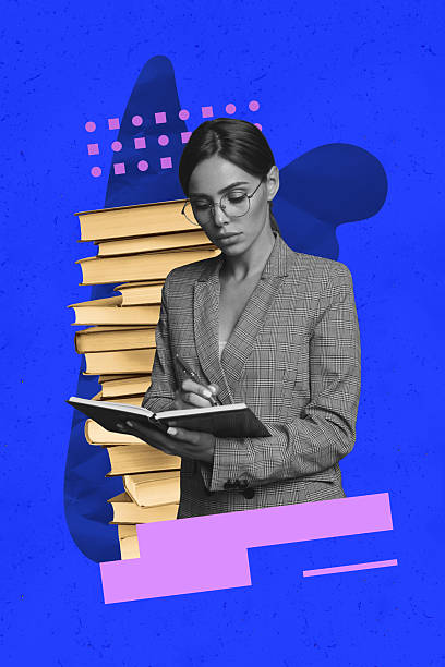 istock Vertical photo collage of serious minded girl write notepad pen new story book stack literature author isolated on painted background 2216046510