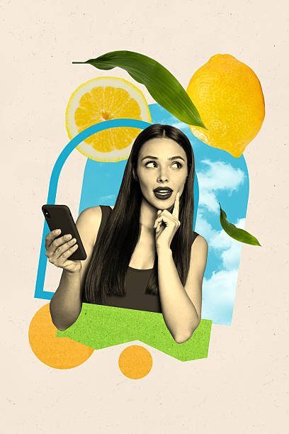 istock Vertical image collage young attractive girl summer vacation sky background lemon slice fruit smartphone social media dreamy face 2216046527