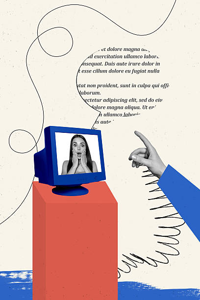 istock Trend artwork composite sketch collage of platform workspace tv computer monitor lady wow face speech cloud talk textbox finger point 2216046561