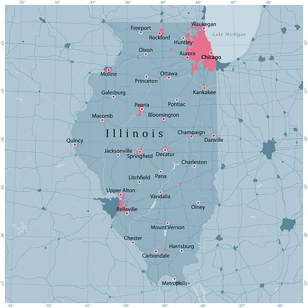 Illinois US State Vector Road Map Grey vector art illustration