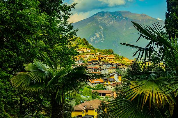 istock Village nestled in lush greenery with mountain backdrop. 2216049253