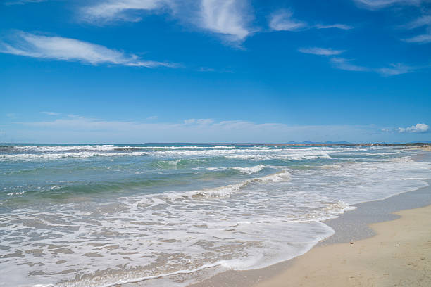 Gentle waves wash over the sandy beach under a radiant sky on Majorca’s coast, inviting peace and reflection.