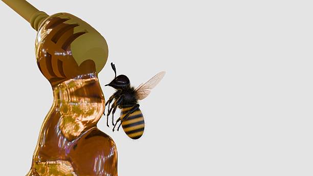 A 3D rendering depicting a honey dipper with a drip of honey and a swarm of bees.