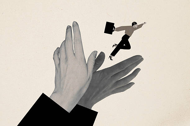 istock Trend artwork composite sketch image 3D photo collage of silhouette huge hands hold between office worker leader win fly away high 2216053779