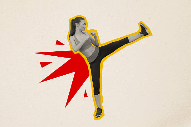 Photo collage trend artwork composite sketch image of sport active training effort strong woman power boxing kick punch fight raise leg.