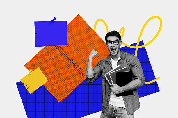 istock Trend artwork composite image collage of workspace person young man student hold copybook book library done exam winner yes fist success 2216057715