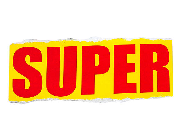 SUPER wording or text with pieces of torn or cut paper, design elements isolated on white background with clipping path.
