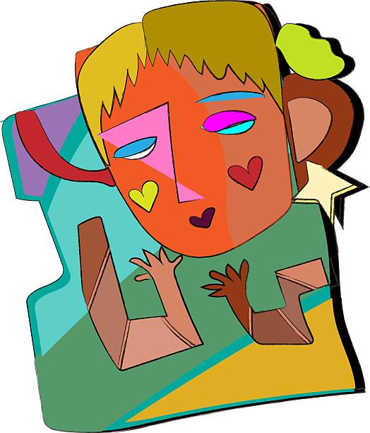 istock abstract illustration of a woman's face, seemingly in a cubist or pop art style. The face is depicted with geometric shapes and contrasting colors, featuring a red face, yellow hair, and a green and blue background. 2216059144