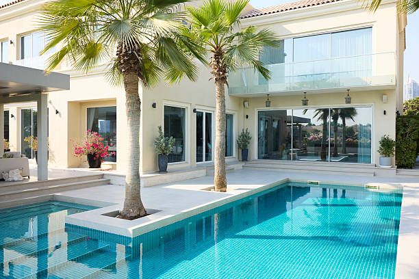 3D rendering of a Mediterranean style villa with pool and garden