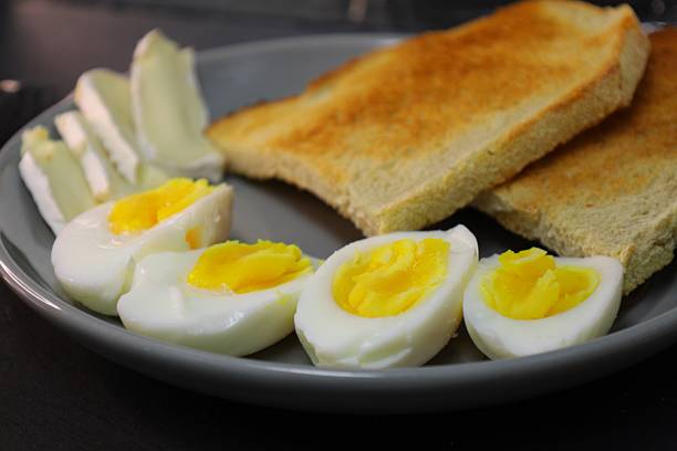 istock morning breakfast on a plate, cheese, toast, boiled eggs 2216072340