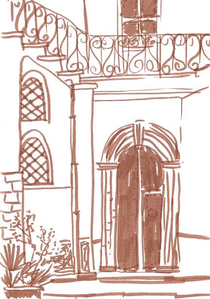 antique doors in italian town, travel sketch. High quality illustration