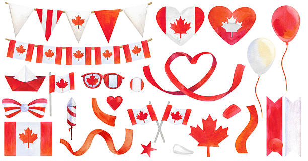 istock A festive collection of hand-painted watercolor elements for Canada Day. Includes hearts with Canadian flags, maple leaves, ribbons, and party bunting in red and white. 2216077373