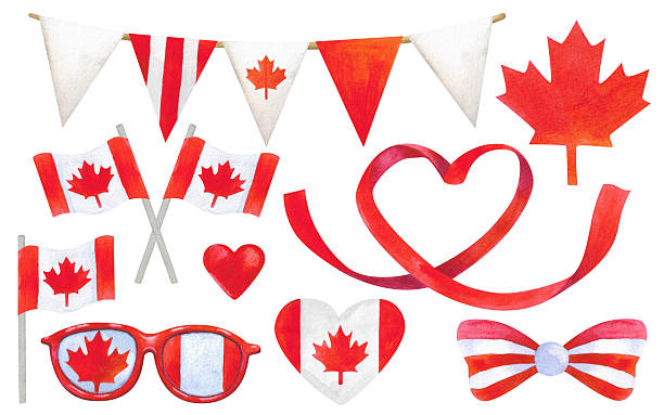 istock A festive collection of hand-painted watercolor elements for Canada Day. Includes hearts with Canadian flags, maple leaves, ribbons, and party bunting in red and white. 2216077390