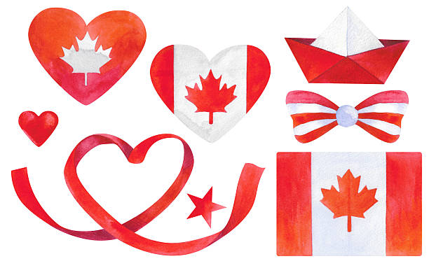 istock A festive collection of hand-painted watercolor elements for Canada Day. Includes hearts with Canadian flags, maple leaves, ribbons, and party bunting in red and white. 2216077450