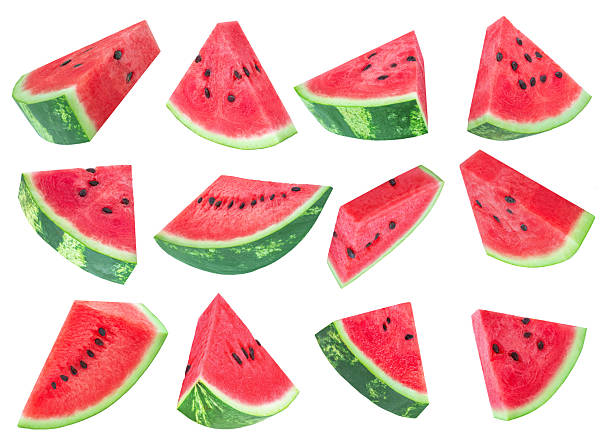 istock Flying Watermelon triangle slices with seeds isolated on white. Falling  juicy Watermelon frut pieces. Collection. Pattern. Real photo 2216077458