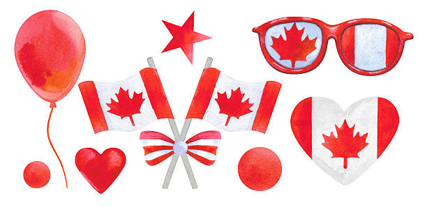 istock A festive collection of hand-painted watercolor elements for Canada Day. Includes hearts with Canadian flags, maple leaves, ribbons, and party bunting in red and white. 2216077476