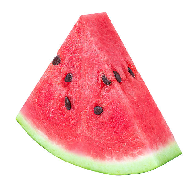 Flying Watermelon triangle slice with seeds isolated on white. Fresh juicy watemelon closeup. Watermelon fruit real photo