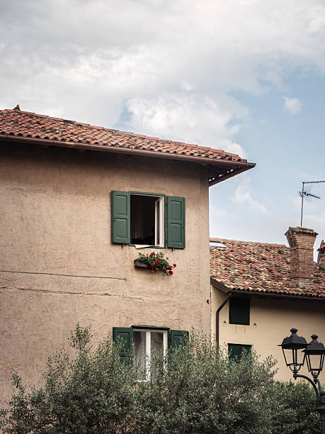 istock Old house with green shutters and flowers 2216089354