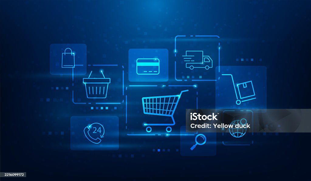 comercio electrónico, compras en línea, mercado digital, tecnología de Internet. Carrito de compras e icono de negocio. Ilustración vectorial tecnología fantástica. - arte vectorial de Comercio electrónico libre de derechos comercio electrónico, compras en línea, mercado digital, tecnología de Internet. Carrito de compras e icono de negocio. Ilustración vectorial tecnología fantástica. - arte vectorial de Comercio electrónico libre de derechos
