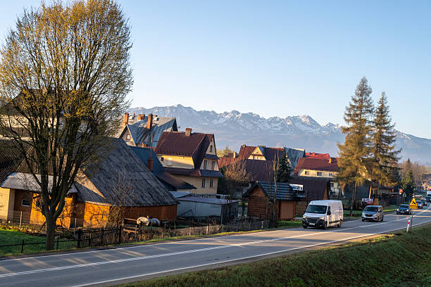 Residential street and distant mountains, near Zakopane