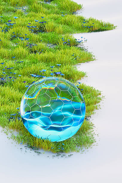 Transparent globule with water leaving behind growing grass. A three dimensional digitally generated image
