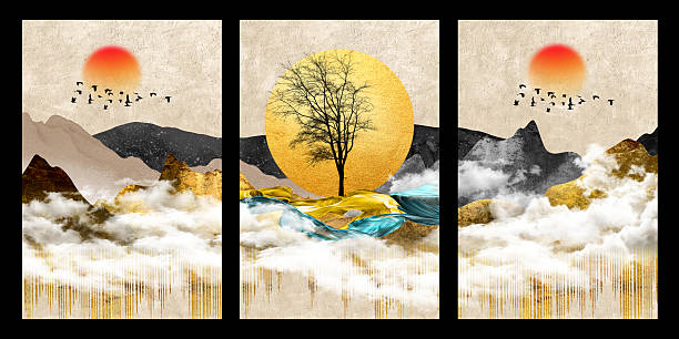 3 pieces 3d art mural wallpaper with light beige background, black christmas tree leaves, colorful mountains, clouds, moon, sun in the sky. canvas frame art on walls .