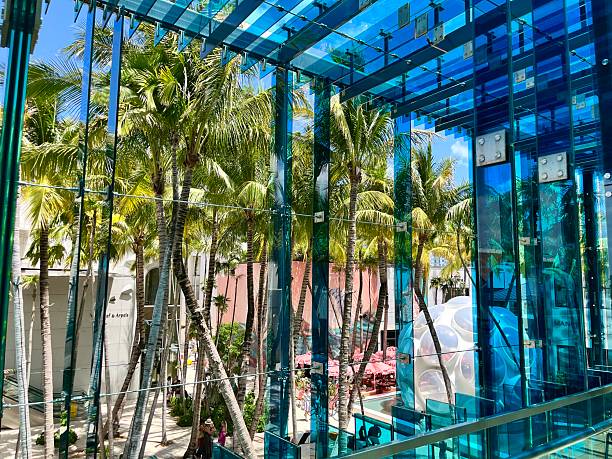 Miami, Florida, United States of America - April 24, 2025: Palm trees and lush vegetation surround visitors exploring the luxury Miami Design District. A vibrant hub of creativity and high-end shopping during Art Basel