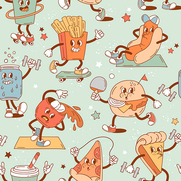 Seamless vector pattern with retro junk food characters. EPS 10 vector file. Perfect for textile, wallpaper or nursery print design.