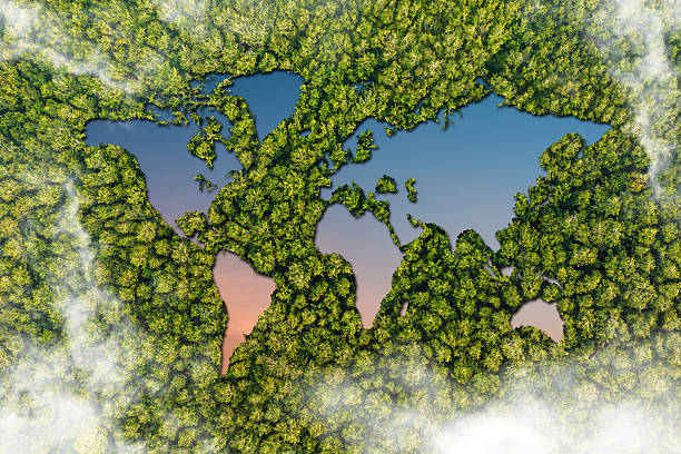 istock Green World Map- 3D tree or forest shape of world map isolated on white background. World Map Green Planet Earth Day or Environment day Concept. Green earth with electric car. Paris agreement concept. 2216120776