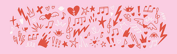 handgezeichnetes mädchenhaftes musik-grunge-design. emo goth doodle punkrock hintergrund. rosa feminines melodiekonzept. notizen, notenschlüssel, pfeil, stern, herzform graffiti. handgeschriebene buntstiftkritzeleien. feuerflamme - flirten stock-grafiken, -clipart, -cartoons und -symbole