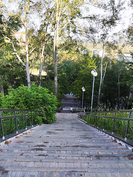 istock A long staircase down between bushes, trees and lanterns. Stairs in the park 2216138025
