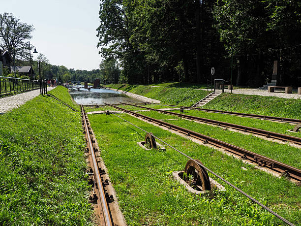 Elblag, Poland - August 9, 2018: Famous railroad transport on boat among the canals